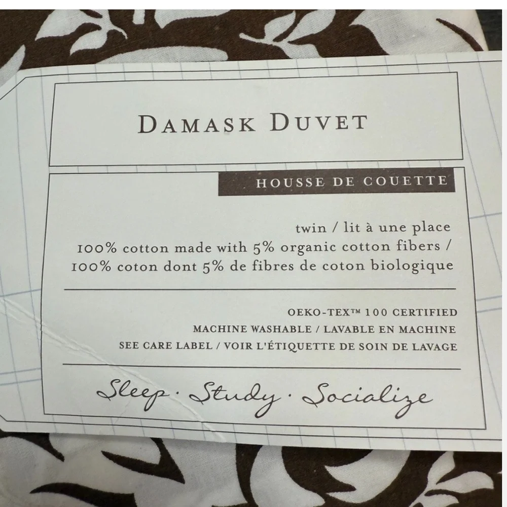 Pottery Barn Teen Dorm DAMASK Duvet Cover Size Twin / Twin XL Brown White NWT
